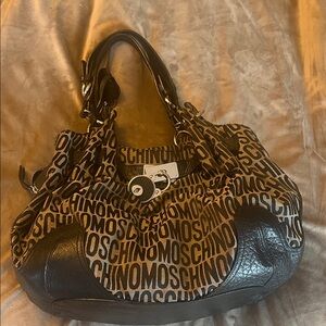 Moschino Black and Beige Logo-Print Shoulder Bag